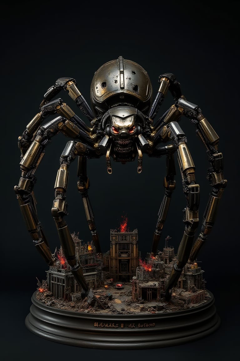  a gleaming ultra detailed tarnished Chrome brass blackened Terminator Spider robot stands majestically, its metal body reflecting the light like polished chrome. The giant cybernetic spider looms over a diorama base of a destroyed miniature city. The creature's eyes fix menacingly on the viewer, as if daring an attack. Framed against a dark background, the image pops with vibrant colors and textures, a true masterpiece in stunning 8k resolution.