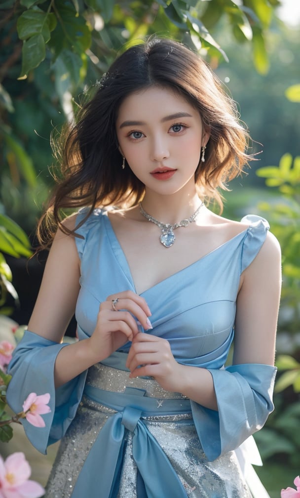 In the heart of an enchanted garden, a woman with cascading curls of midnight black tends to the flowers with gentle care. Her skin is as pale as the petals she lovingly tends, and she wears a simple dress of azure blue, tied with a sash of silver that glimmers in the sunlight.