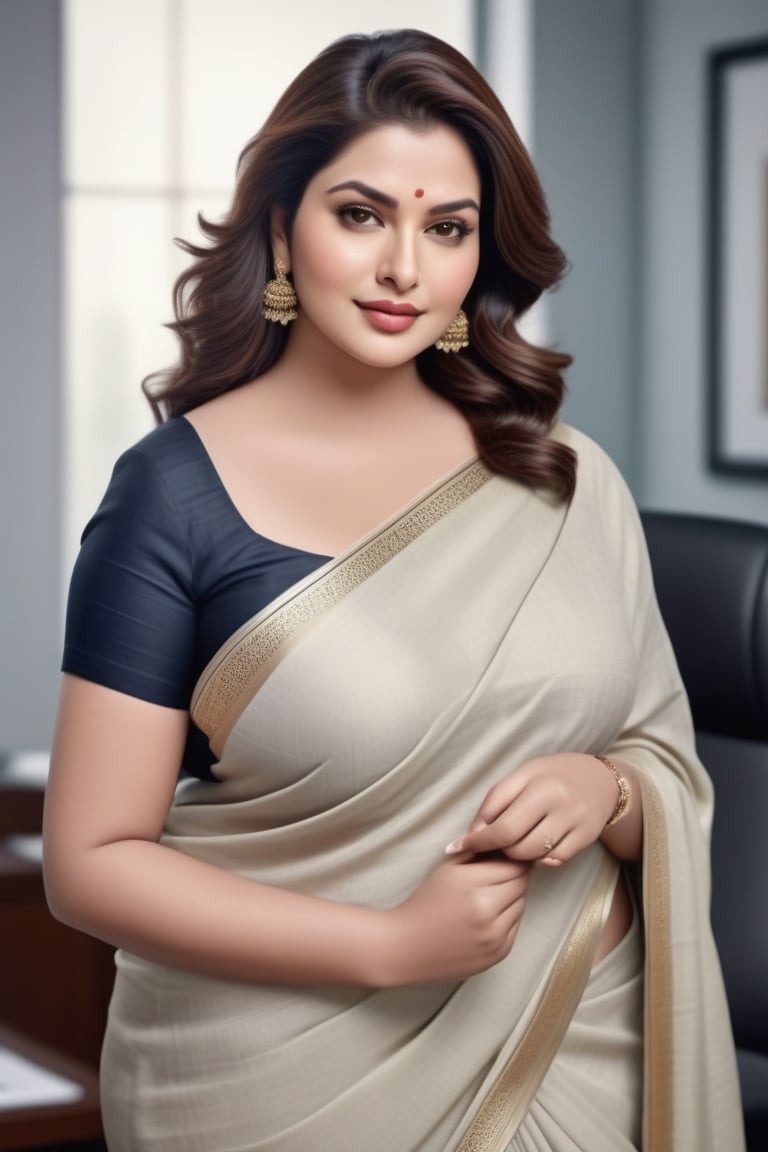 create a hyper realistic vertical photo of Indian most attractive plus sized chubby woman in her 50s, Trendsetter long wavy hair, trending on artstation, portrait, digital art, modern, sleek, highly detailed, formal, determined, wearing plain cotton saree, in luxurious office, 36D , fairy tone, fair skin, flirty gaze, anne hathway