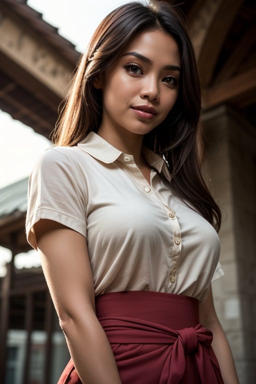 Filipino Female look, best quality, masterpiece, (photorealistic:1.4), 1girl, light smile, shirt with collars, waist up, dramatic lighting, from below
