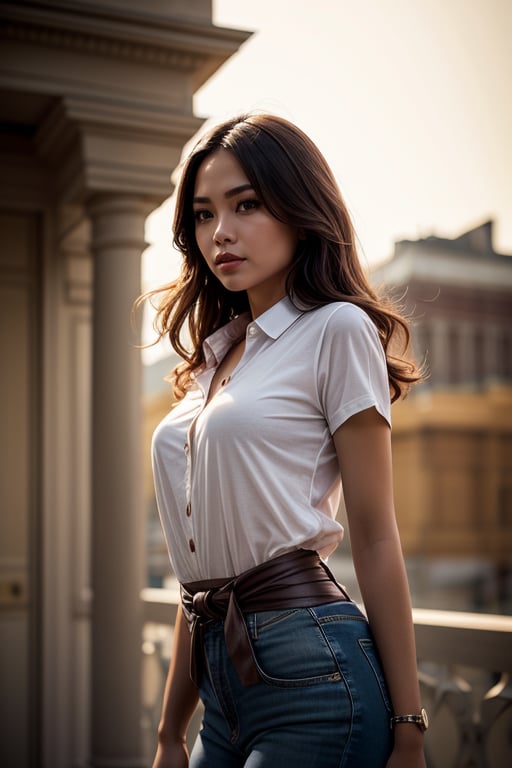 Filipino Female look, best quality, masterpiece, (photorealistic:1.4), 1girl, light smile, shirt with collars, waist up, dramatic lighting, from below
