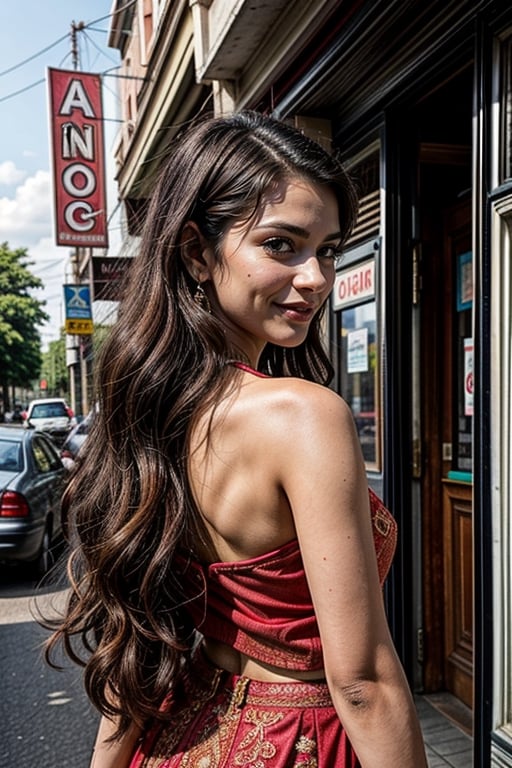  a vibrant and sunny day in a city in Tamil Nadu. A 19-year-old girl named Meera at the department store . She is wearing a lehenga, Her long, dark hair is adorned , and she has a gentle smile on her face, exuding confidence and grace.