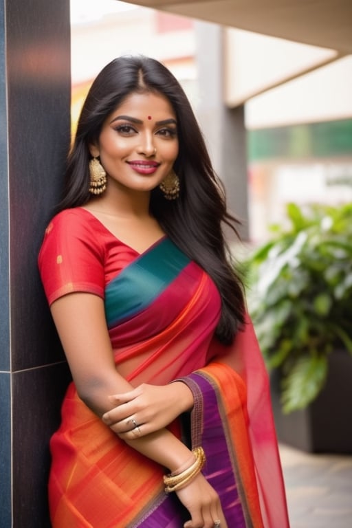  a vibrant and sunny day in a city in Tamil Nadu. A 19-year-old girl named Meera at the mall . Her long, dark hair is adorned ,wearing  a saree and she has a gentle smile on her face, exuding confidence and grace.