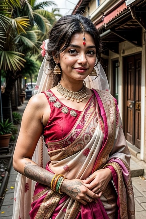  a vibrant and sunny day in a city in Tamil Nadu. A 19-year-old girl named Meera at the wedding . She is wearing a traditional saree , Her long, dark hair is adorned , and she has a gentle smile on her face, exuding confidence and grace.,Saree 