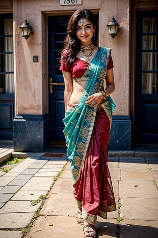  a vibrant and sunny day in a city in Tamil Nadu. A 19-year-old girl named Meera at the wedding . She is wearing a traditional saree , Her long, dark hair is adorned , and she has a gentle smile on her face, exuding confidence and grace.,Saree 