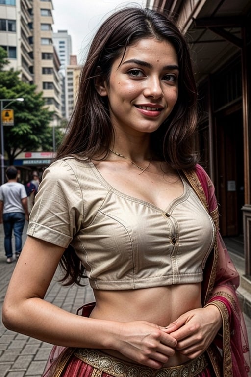  a vibrant and sunny day in a city in Tamil Nadu. A 19-year-old girl named Meera back side view of girl at the department store . She is wearing a lehenga, Her long, dark hair is adorned , and she has a gentle smile on her face, exuding confidence and grace.