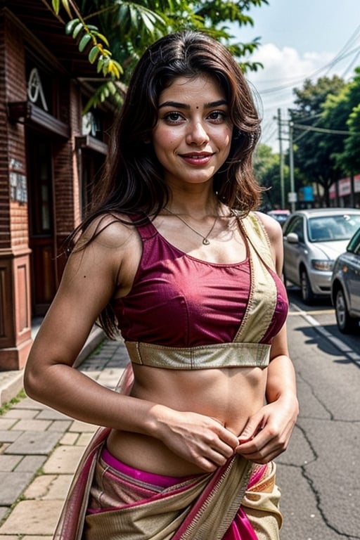  a vibrant and sunny day in a city in Tamil Nadu. A 19-year-old girl named Meera at the department store . She is wearing a saree, Her long, dark hair is adorned , and she has a gentle smile on her face, exuding confidence and grace.