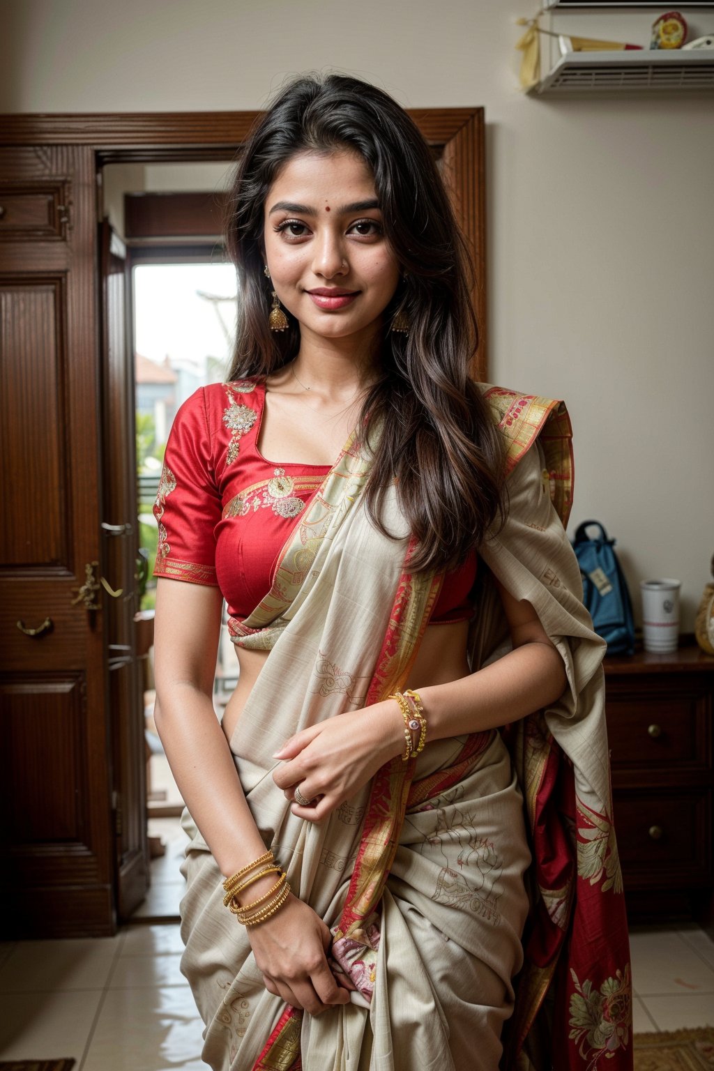  a vibrant and sunny day in a city in Tamil Nadu. A 19-year-old girl named Meera at the wedding . She is wearing a traditional saree , Her long, dark hair is adorned , and she has a gentle smile on her face, exuding confidence and grace.,Saree 