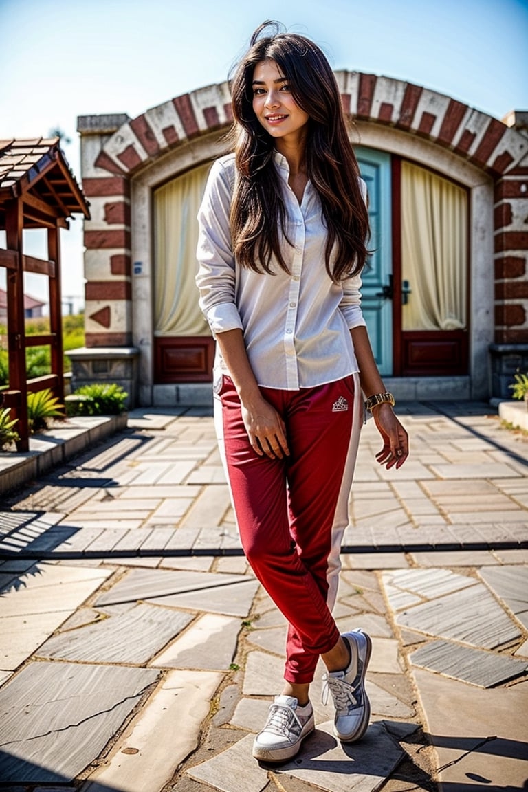  a vibrant and sunny day in a small town in Tamil Nadu. A 19-year-old girl named Meera  She is wearing a shirt and a pant , with intricate designs that catch the sunlight. Her long, dark hair is adorned , and she has a gentle smile on her face, exuding confidence and grace.