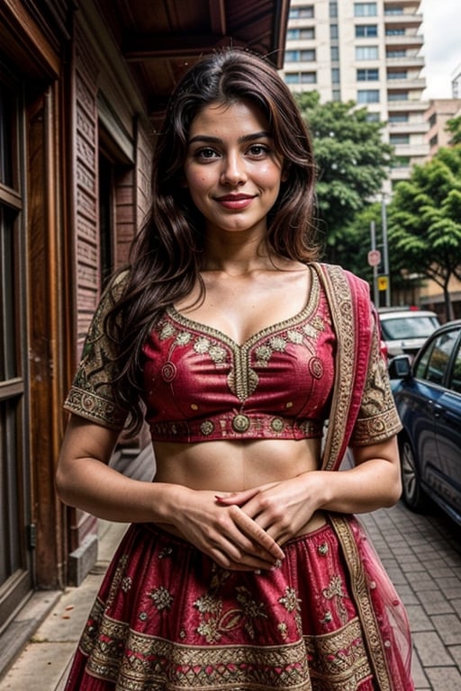  a vibrant and sunny day in a city in Tamil Nadu. A 19-year-old girl named Meera at the department store . She is wearing a lehenga, Her long, dark hair is adorned , and she has a gentle smile on her face, exuding confidence and grace.