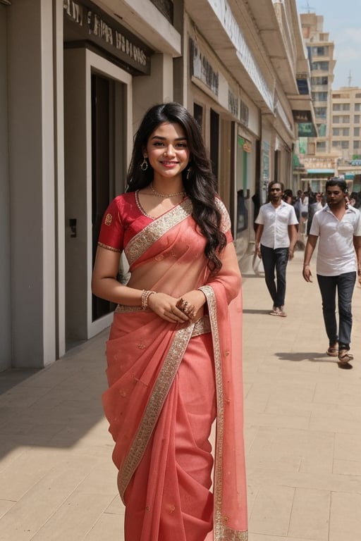  a vibrant and sunny day in a city in Tamil Nadu. A 19-year-old girl named rashmika mandana at the mall . Her long, dark hair is adorned ,wearing  a saree and she has a gentle smile on her face, exuding confidence and grace.