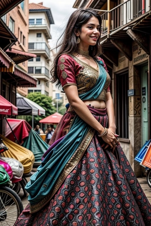  a vibrant and sunny day in a city in Tamil Nadu. A 19-year-old girl named Meera at the department store . She is wearing a dark blue lehenga, Her long, dark hair is adorned , and she has a gentle smile on her face, exuding confidence and grace.