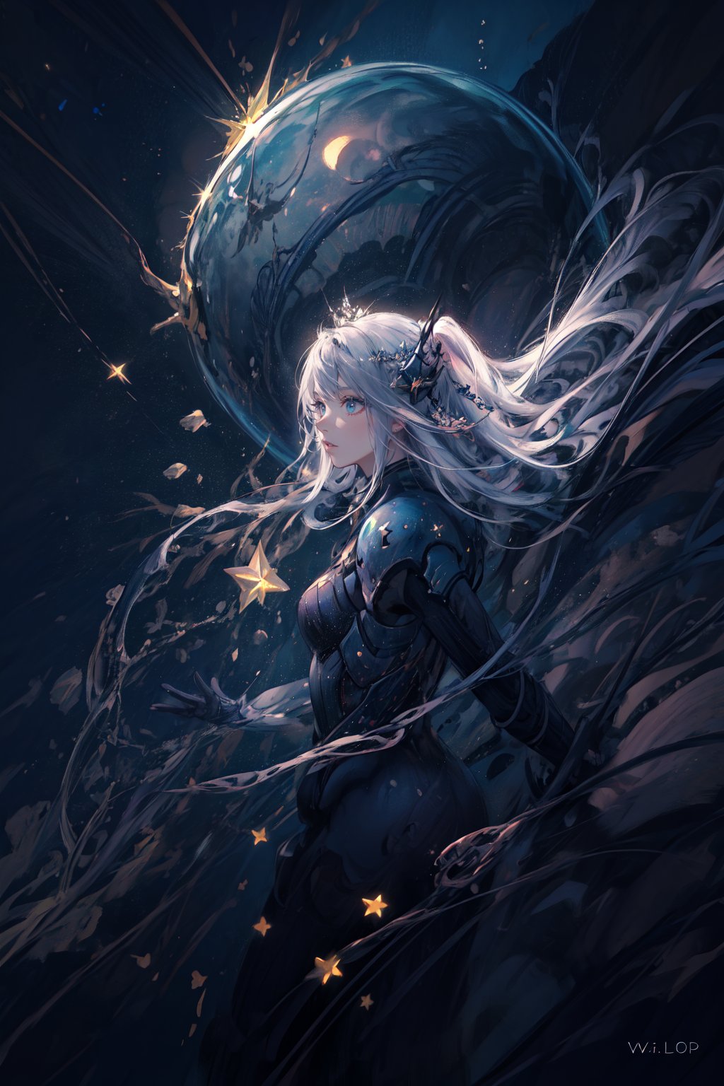 an underwater diver looking at the stars from the water,beautiful,4k hd,masterpiece,Wlop,very long hair,night sky,starry jnightsky,detailed backgrouynd,detailed anatomy,detailed face,detailed factions