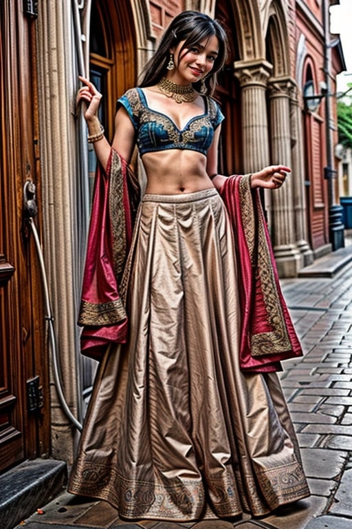  a vibrant and sunny day in a city in Tamil Nadu. A 19-year-old girl named Meera at the department store . She is wearing a blue lehenga, Her long, dark hair is adorned , and she has a gentle smile on her face, exuding confidence and grace.