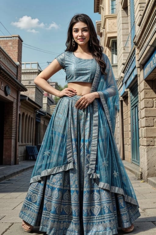  a vibrant and sunny day in a city in Tamil Nadu. A 19-year-old girl named Meera at the department store . She is wearing a lehenga, Her long, dark hair is adorned , and she has a gentle smile on her face, exuding confidence and grace.