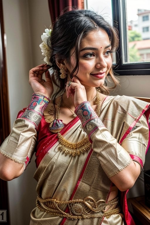  a vibrant and sunny day in a city in Tamil Nadu. A 19-year-old girl named Meera at the wedding . She is wearing a traditional saree , Her long, dark hair is adorned , and she has a gentle smile on her face, exuding confidence and grace.,Saree 