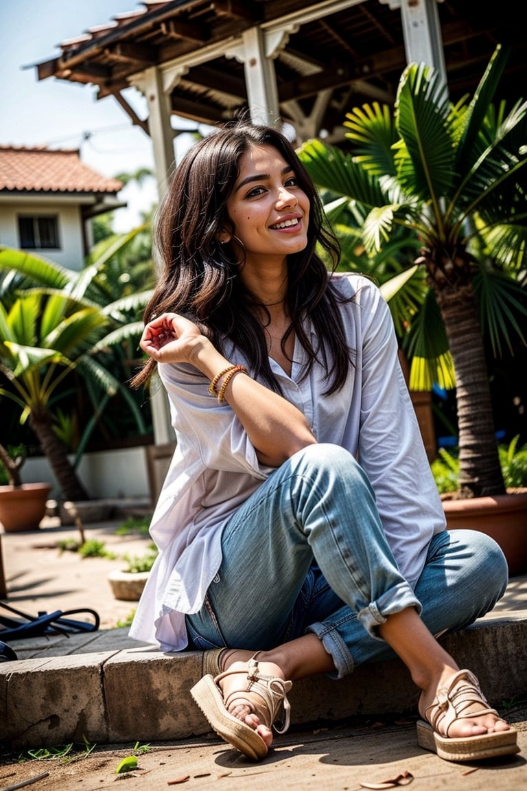  a vibrant and sunny day in a small town in Tamil Nadu. A 19-year-old girl named Meera  She is wearing a shirt and a pant , with intricate designs that catch the sunlight. Her long, dark hair is adorned , and she has a gentle smile on her face, exuding confidence and grace.