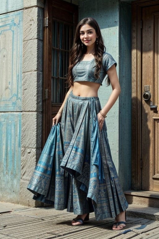  a vibrant and sunny day in a city in Tamil Nadu. A 19-year-old girl named Meera at the department store . She is wearing a lehenga, Her long, dark hair is adorned , and she has a gentle smile on her face, exuding confidence and grace.