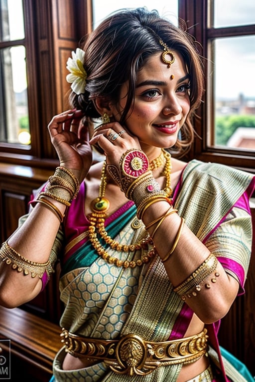  a vibrant and sunny day in a city in Tamil Nadu. A 19-year-old girl named Meera at the wedding . She is wearing a traditional saree , Her long, dark hair is adorned , and she has a gentle smile on her face, exuding confidence and grace.,Saree 