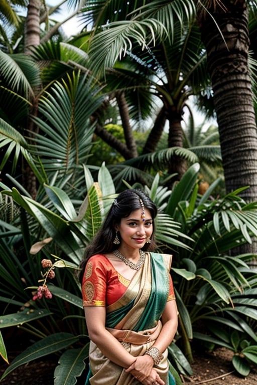  a vibrant and sunny day in a city in Tamil Nadu. A 19-year-old girl named Meera at the wedding . She is wearing a traditional saree , Her long, dark hair is adorned , and she has a gentle smile on her face, exuding confidence and grace.,Saree 