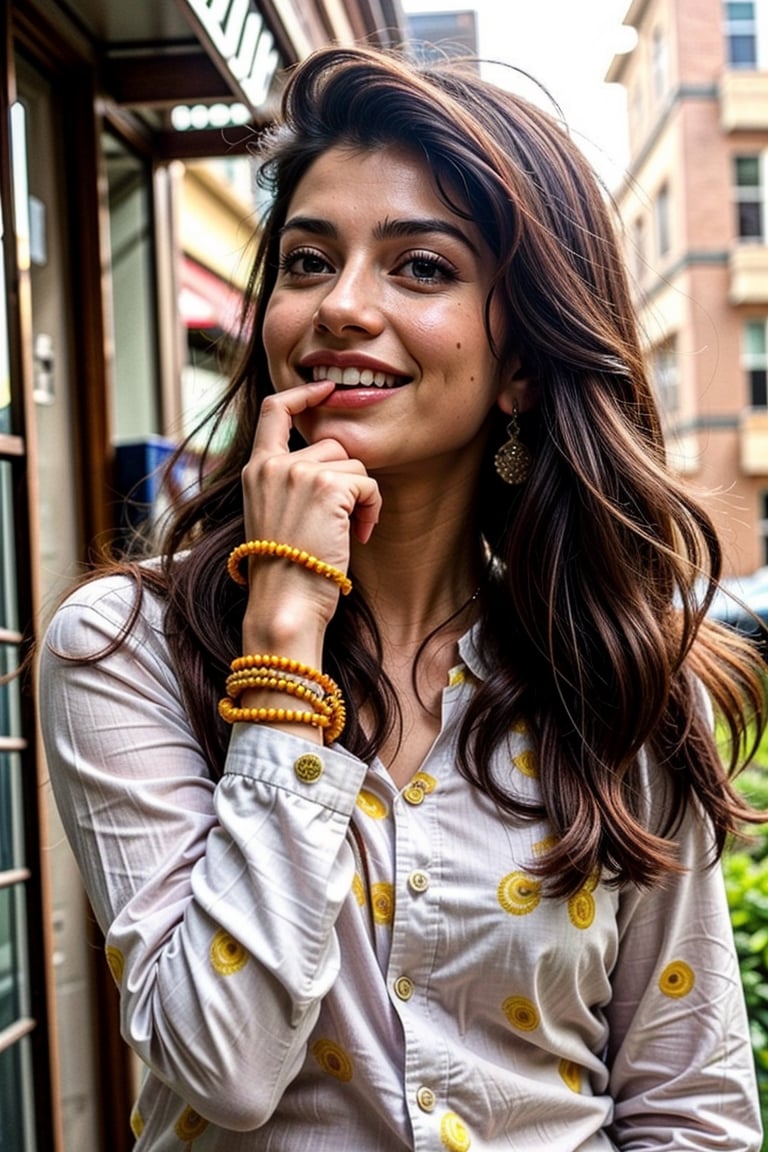  a vibrant and sunny day in a small town in Tamil Nadu. A 19-year-old girl named Meera  She is wearing a shirt and a pant , with intricate designs that catch the sunlight. Her long, dark hair is adorned , and she has a gentle smile on her face, exuding confidence and grace.