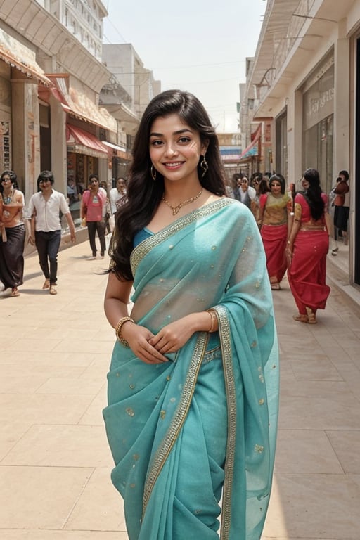  a vibrant and sunny day in a city in Tamil Nadu. A 19-year-old girl named rashmika mandana at the mall . Her long, dark hair is adorned ,wearing  a saree and she has a gentle smile on her face, exuding confidence and grace.