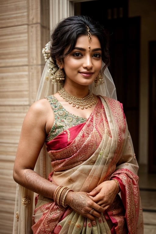  a vibrant and sunny day in a city in Tamil Nadu. A 19-year-old girl named Meera at the wedding . She is wearing a traditional saree , Her long, dark hair is adorned , and she has a gentle smile on her face, exuding confidence and grace.,Saree 