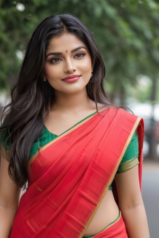  a vibrant and sunny day in a city in Tamil Nadu. A 19-year-old girl named Meera at the mall . Her long, dark hair is adorned , and she has a gentle smile on her face, exuding confidence and grace.,Saree 