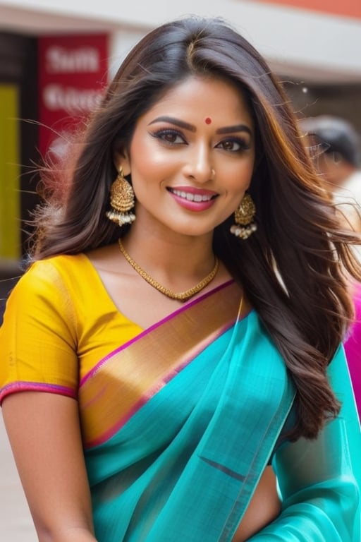  a vibrant and sunny day in a city in Tamil Nadu. A 19-year-old girl named Meera at the mall . Her long, dark hair is adorned ,wearing  a saree and she has a gentle smile on her face, exuding confidence and grace.