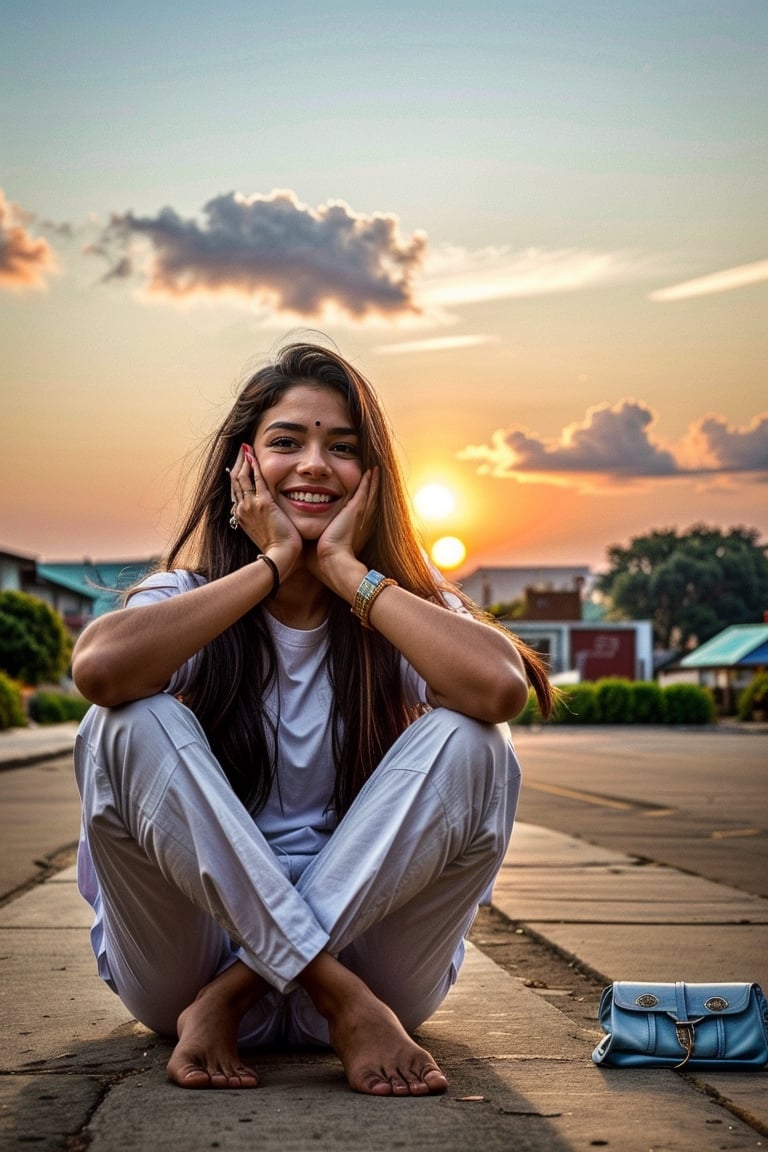  a vibrant and sunny day in a small town in Tamil Nadu. A 19-year-old girl named Meera  She is wearing a shirt and a pant , with intricate designs that catch the sunlight. Her long, dark hair is adorned , and she has a gentle smile on her face, exuding confidence and grace.