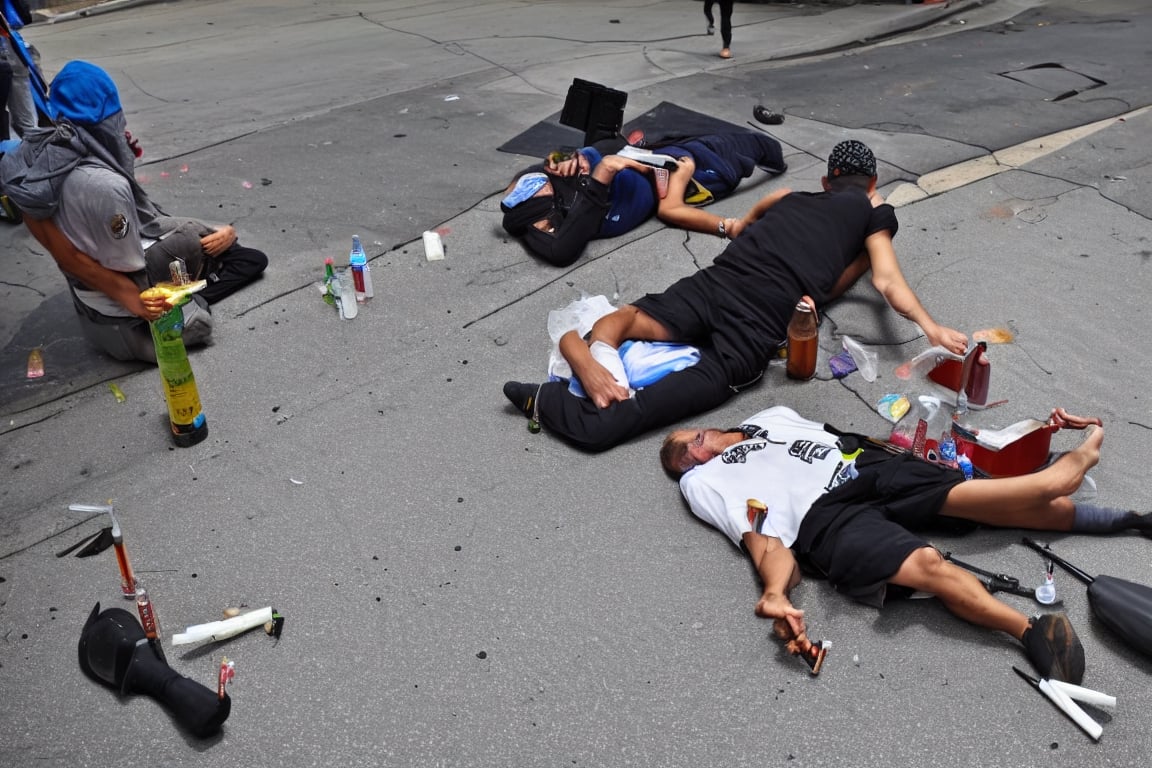 (((masterpiece))),  (((drug use in the streets of Los Angelos people shooting up drugs on the sidewalk))),  ((homeless peo...