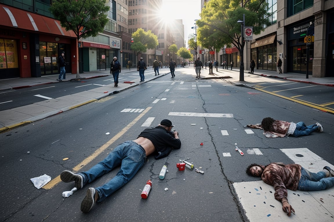 (((masterpiece))),  (((drug use in the streets of Los Angelos people shooting up drugs on the sidewalk))),  ((homeless peo...