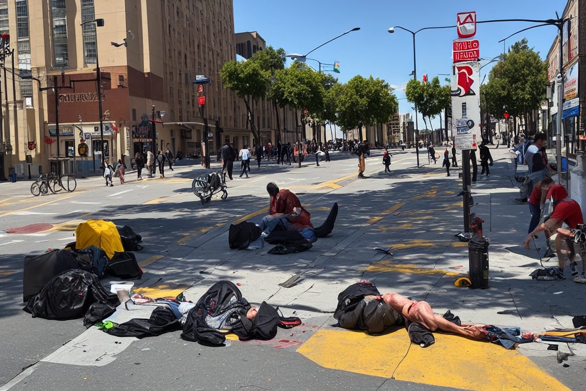 (((masterpiece))),  (((drug use in the streets of Los Angelos people shooting up drugs on the sidewalk))),  ((homeless peo...