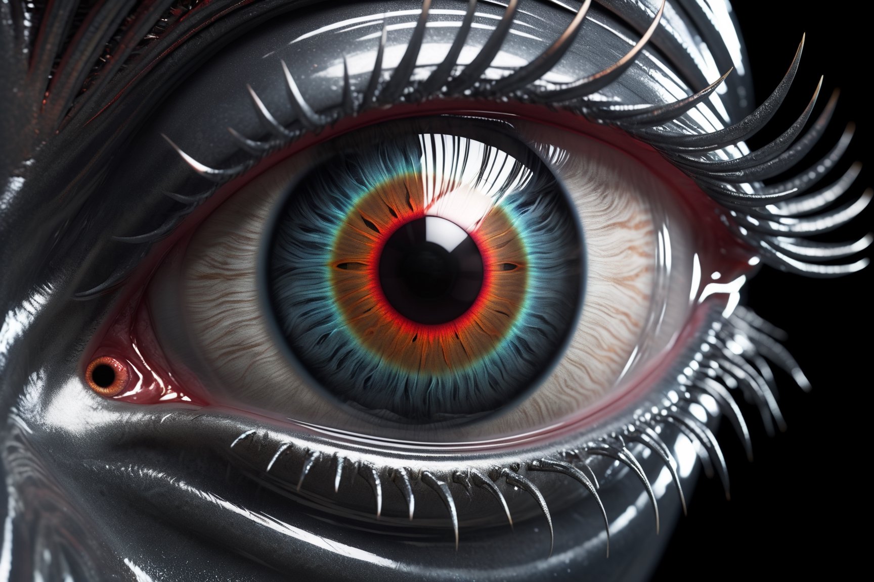 (((Masterpiece))),  A high-definition photo of a (((silver aliens eye,  where the iris transitions into a an alien spacesh...