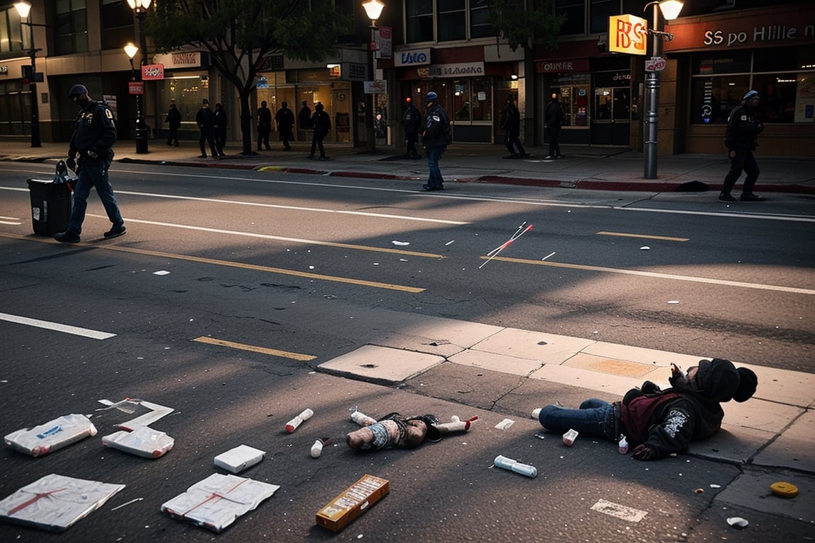 (((masterpiece))),  (((drug use in the streets of Los Angelos people shooting up drugs on the sidewalk))),  ((homeless peo...