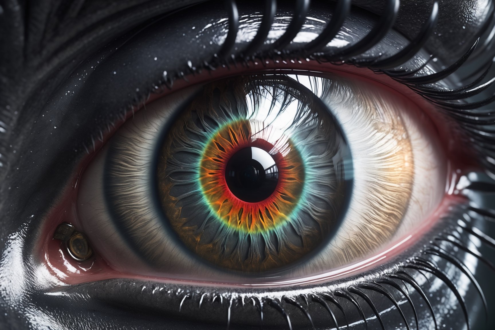 (((Masterpiece))),  A high-definition photo of a (((silver aliens eye,  where the iris transitions into a an alien spacesh...