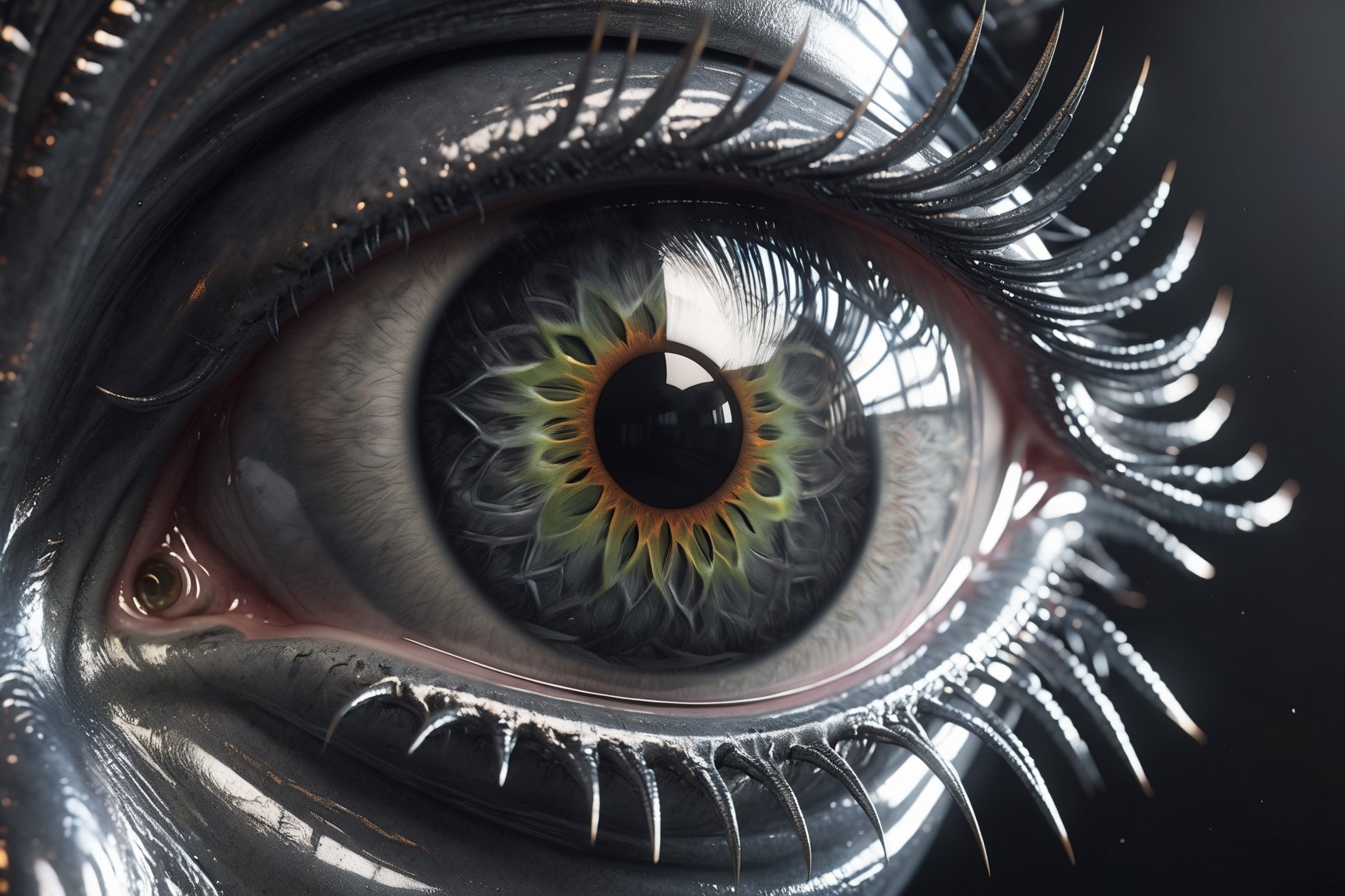 (((Masterpiece))),  A high-definition photo of a (((silver aliens eye,  where the iris transitions into a an alien spacesh...