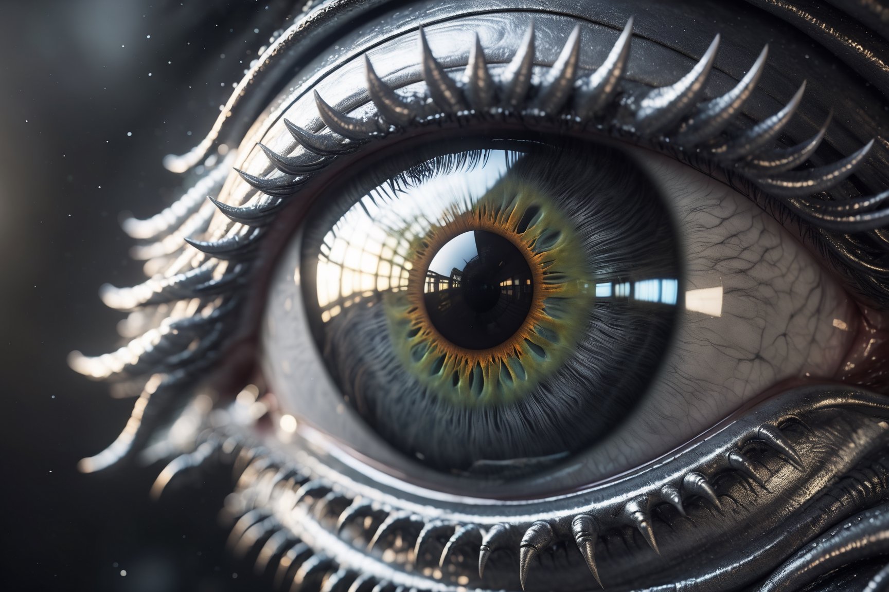 (((Masterpiece))),  A high-definition photo of a (((silver aliens eye,  where the iris transitions into a an alien spacesh...