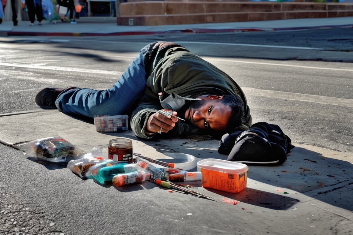 (((masterpiece))),  (((drug use in the streets of Los Angelos people shooting up drugs on the sidewalk))),  ((homeless peo...