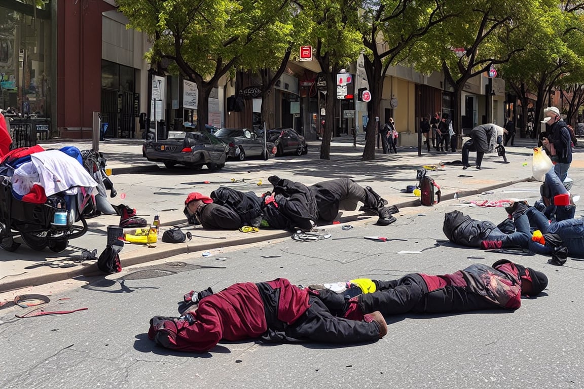 (((masterpiece))),  (((drug use in the streets of Los Angelos people shooting up drugs on the sidewalk))),  ((homeless peo...