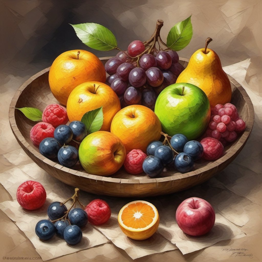 Palette knife oil painting , miscellaneous fruits, beautiful , ultra clear, beautiful , unreal engine 5 ,dark_skin,head,on parchment,japanese_language