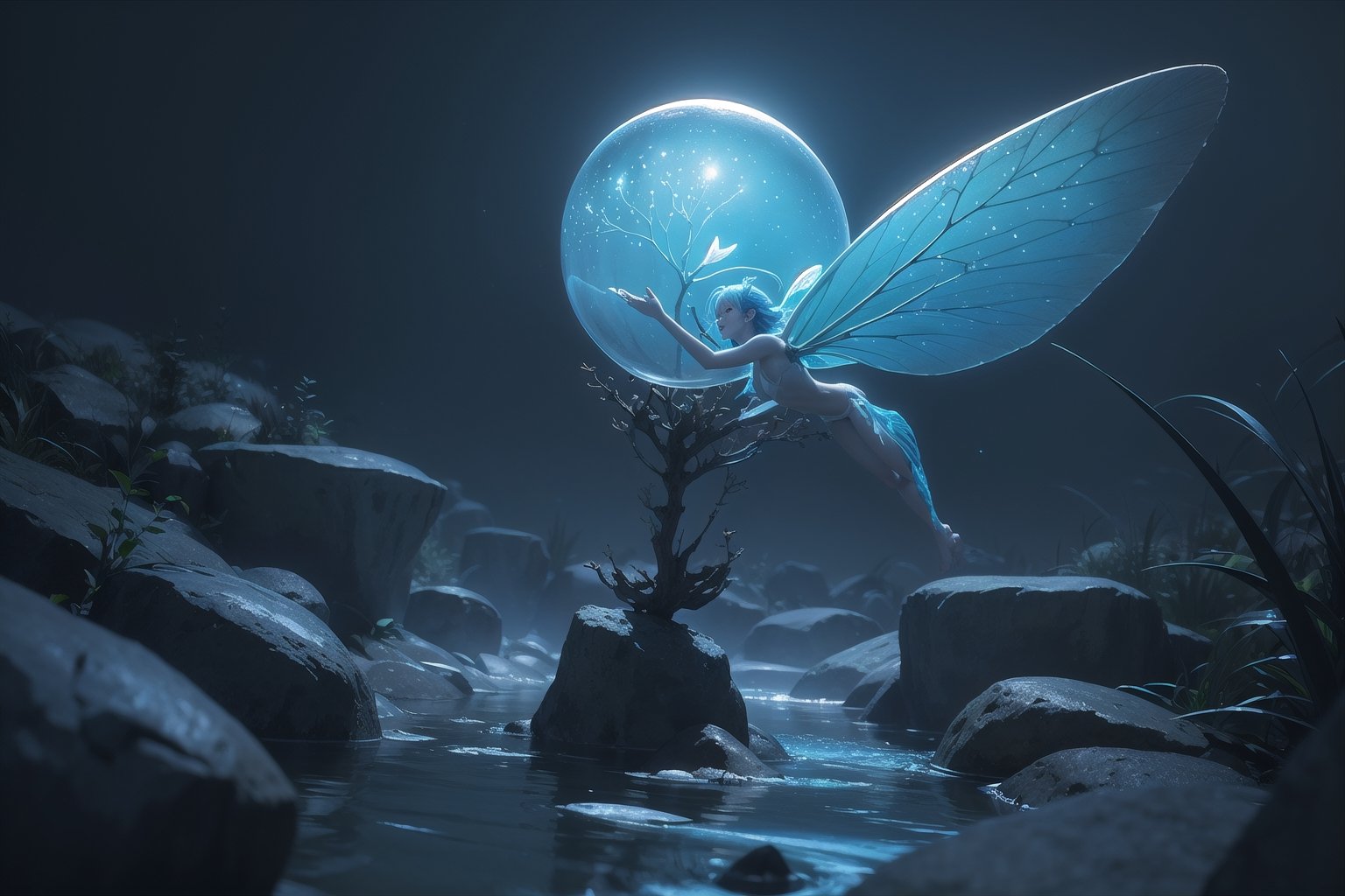 A Lily Fairy in the water of lake,close-up, HD, photorelistic,
hyper detail, deep focus, mysticism,  radiance,  glow, volumetric, perspective, bright starry shining night, contrast, gradient. fantasy art, cinema 4d, beautiful, colorful, intricate, eldritch, ethereal, vibrant, surrealism, vray, nvdia ray tracing, cryengine, magical, 8k, masterpiece, crystal, romanticism, Bioluminescens covering and luminous water.