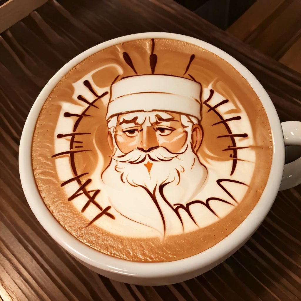  A semi transparent ornate coffee mug, beautiful, elegant, detailed, macro patterns, up close,  latte, LatteArt, latte art, food art, Santa Claus.,FFIXBG,Highly detailed, High Quality, Masterpiece, beautiful