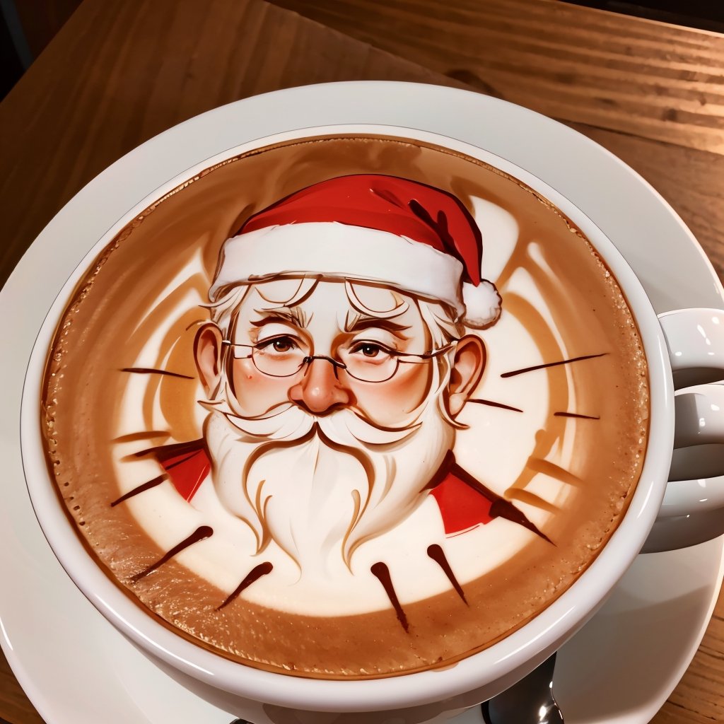 Highly detailed, High Quality, Masterpiece, beautiful, coffee, latte, LatteArt, latte art, food art, Santa Claus