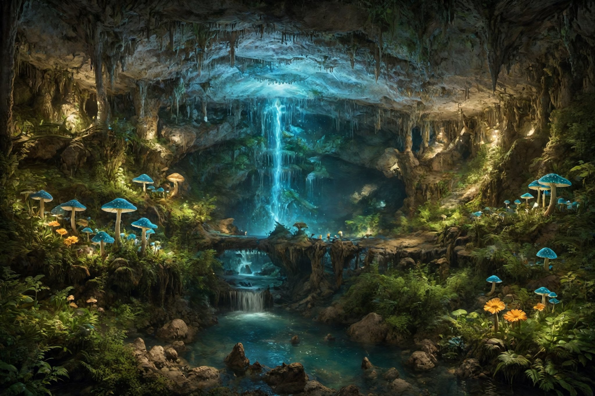 Nature:1.3, vista,  underground jungle and waterfalls and streams, (wilderness:1.3), detailed subterranean landscape, (realistic:1.2), illuminated by the soft, ethereal glow of bioluminescent flora , glowing flowers and mushrooms, (photorealistic:1.2), professional photo, (masterpiece), intricate details, best quality, volumetric lighting, 8k, dramatic lighting, infinite focus, atmospheric lighting, artstation, high quality, fujifilm,more detail XL