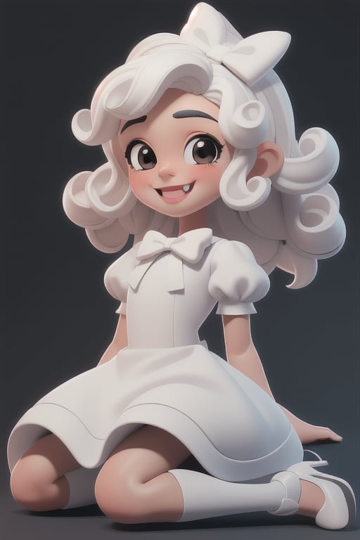 3d, masterpiece, top quality, highly detailed, cute, a (((small girl))), brunette, blak curly hair, white hair bow, white puffy sleeves dress, white pumps, doing homework, smiling