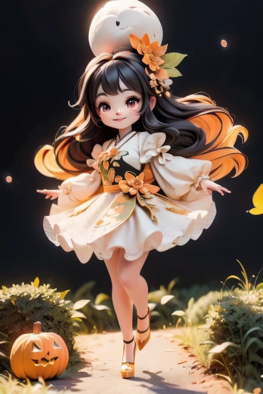 chibi, a cute harvest demon queen, smiling, dramatic floating pose, floating in the air, glowing dress, orange leaves floating around the dress, patent leather pumps, nighttime, glowing pumpkins, night harvest field, 8k, detailed, cinematic, dramatic lighting, warm colors, fantasy, digital art, hyper realistic, ethereal, elegant, dynamic, mystical, intricate details, full moon at background, xuer Luxury brand fashion, 
