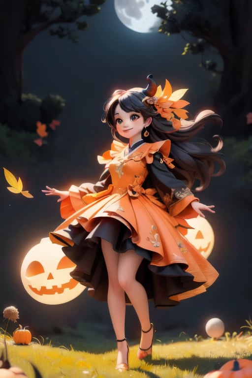 chibi, a cute harvest demon queen, smiling, dramatic floating pose, floating in the air, glowing dress, orange leaves floating around the dress, patent leather pumps, nighttime, glowing pumpkins, night harvest field, 8k, detailed, cinematic, dramatic lighting, warm colors, fantasy, digital art, hyper realistic, ethereal, elegant, dynamic, mystical, intricate details, full moon at background, xuer Luxury brand fashion, 
