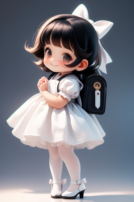 masterpiece, best quality, a cute chibi girl smiling, ((black)) hair, white pinafore dress, (((short puffy sleeves))) shirt, white hairbow, (((black))) mary jane pumps, school backpack, (((full body)))