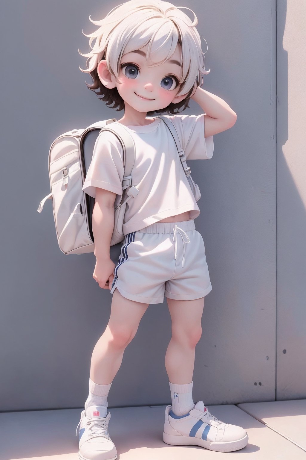 masterpiece, best quality, a cute chibi loli (boy) smiling, short hair, sport shorts, white sport shirt, white socks, white sneakers, school backpack, (((full body))),plastican00d